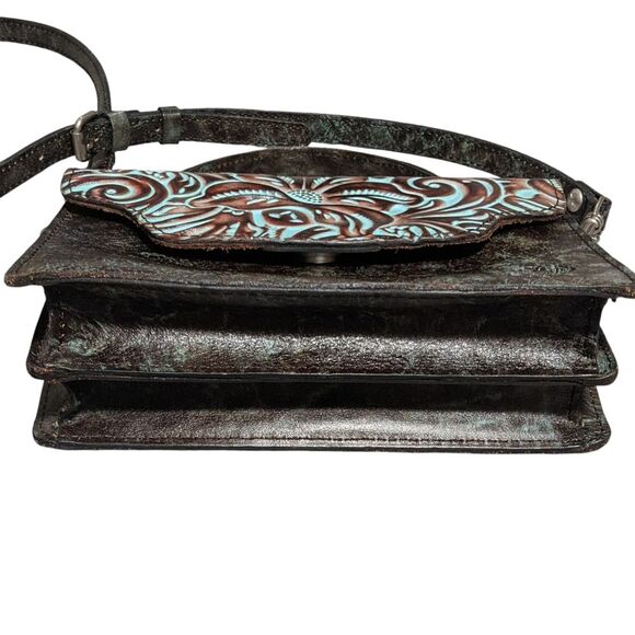 Patricia Nash tooled turquoise brown leather crossbody Porcili texture filigree - Picture 9 of 10